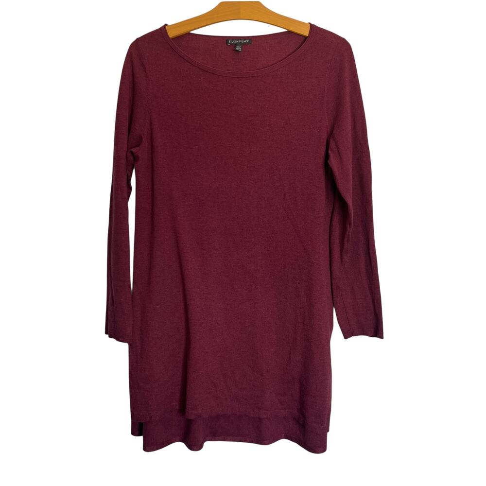 Eileen Fisher Merino Wool Blend Long Sleeve Tunic Top Maroon Sweater Size M